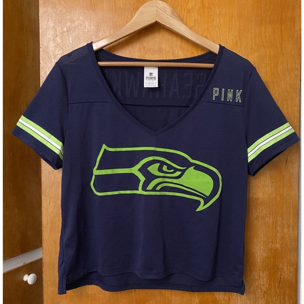 Victoria Secret Pink NFL Seattle seahawks Cropped Mesh Jersey T Shirt Size L